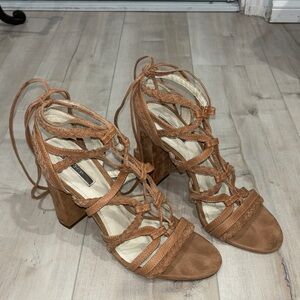 Women's Tan Lace-Up Block Heel Sandals